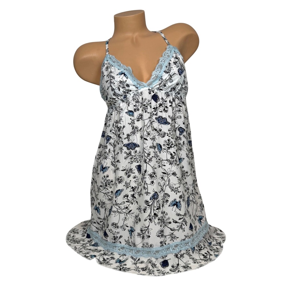 Adore Me Butterfly Floral Lace Trim Babydoll Chemise Nightgown White Blue Size M